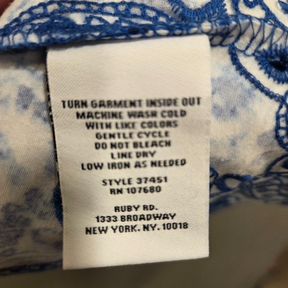 Ruby Rd. Blue and White Paisley Smocked Neck Cutout Blouse - Picture 5 of 7